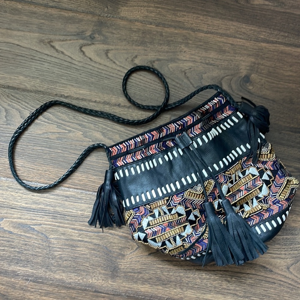 Anthropologie Inko ibBan Embroidered and Beaded Leather Bucket Bag
